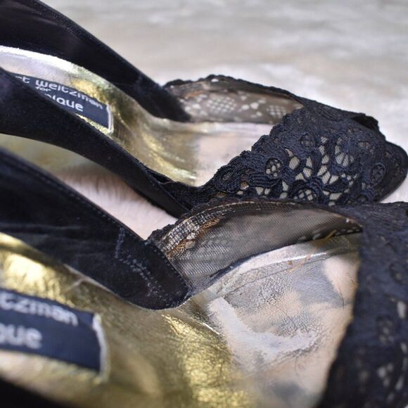 Stuart Weitzman VTG Black Satin Lace Open Toe Heels Size 8.5 Dress Shoe - Picture 7 of 11